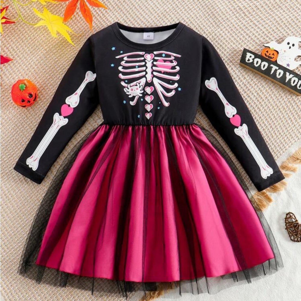 Kids NWOT Skeleton & Heart Dress - Black and Pink